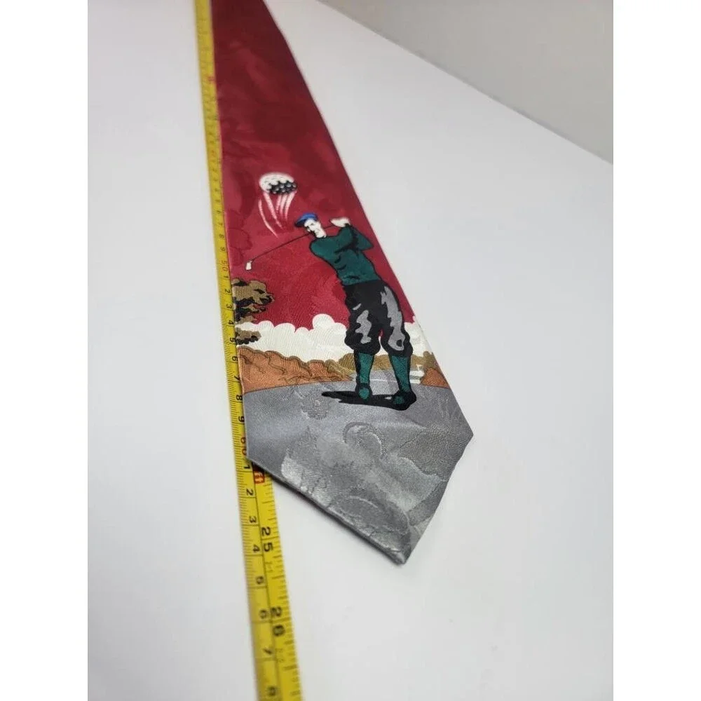 City-One Mens Vintage Golf Tie Red Jacquard Floral Graphic Golfer Necktie 56